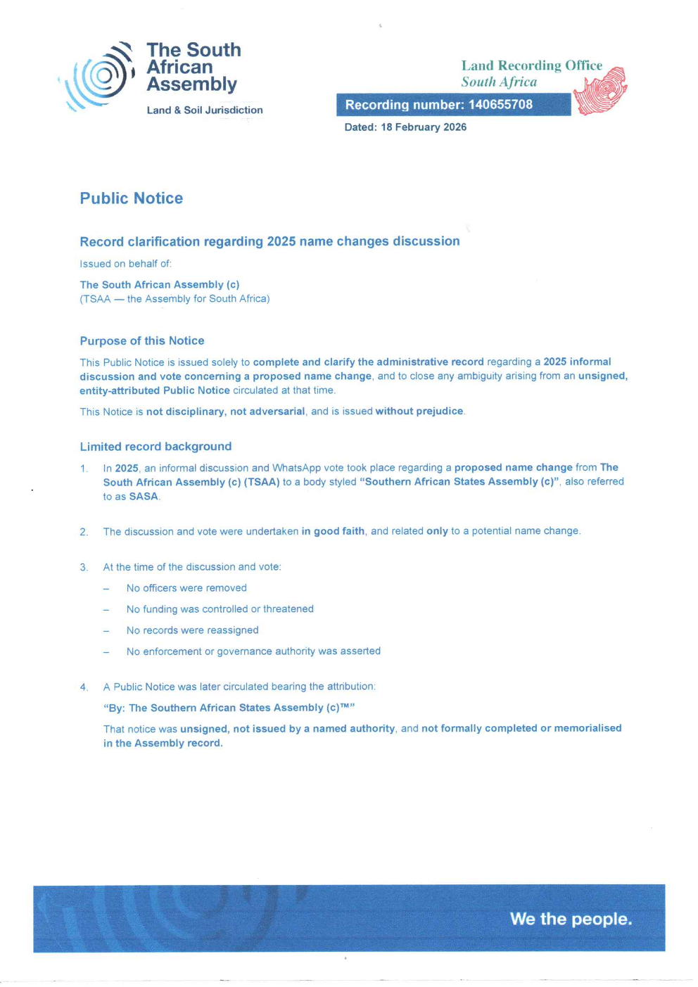 Public notice The South African Assembly Recording number 140655708